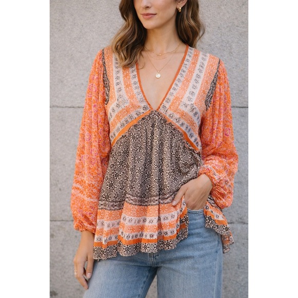 Free People Tops - P2 Free People Aliyah Peasant Tunic Top Orange Mixed Print Metallic Boho Medium